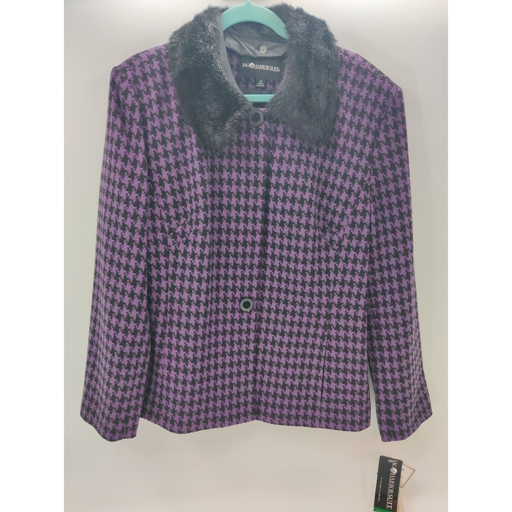 Sag Harbor Suit Purple Black Houndstooth Blazer Faux Fur Collar Size 18 NWT 2001
